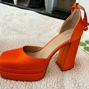 Amina Muaddi Orange Platform Heels